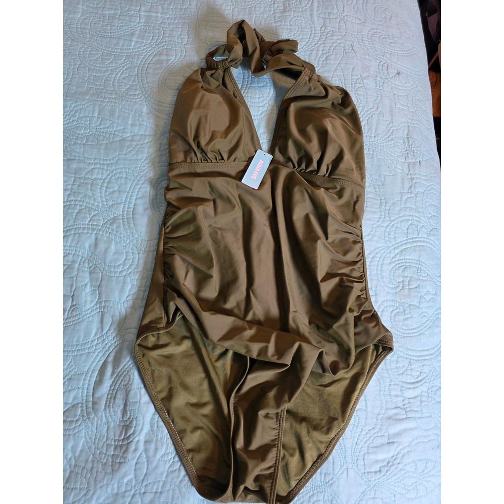 Aqua Eve Womens Halter One Piece Swimsuit Ruched Green V-Neck Swimwear